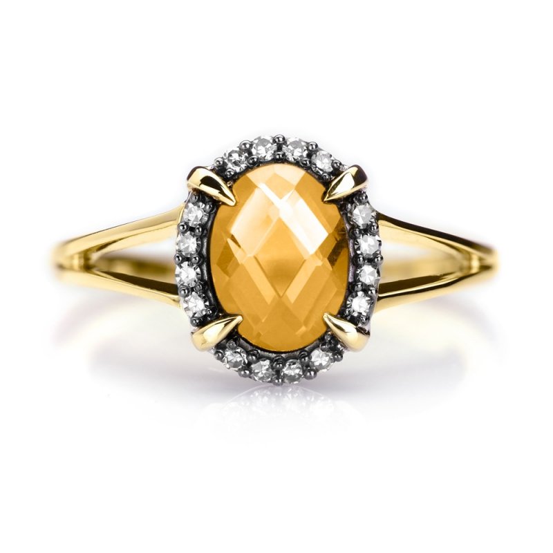 Złoty pierścionek z cytrynem i diamentami