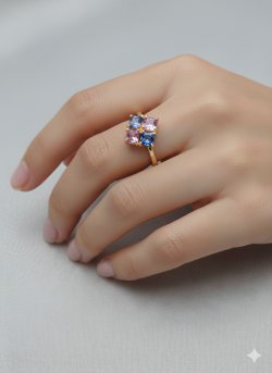 Złoty pierścionek z różowymi i niebieskimi szafirami – elegancki i nowoczesny design