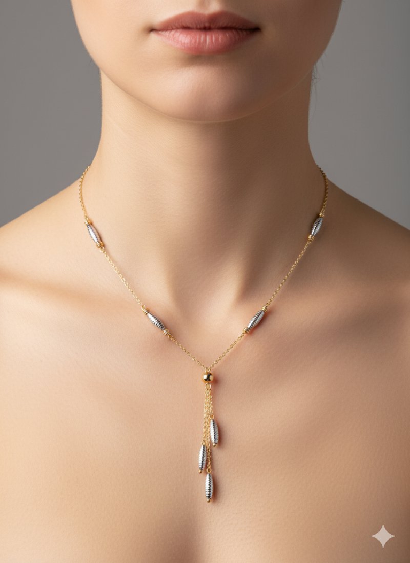 Złoty Naszyjnik Lariat Diamentowany - Dwukolorowa Zawieszka Krawat - Próba Złota 585