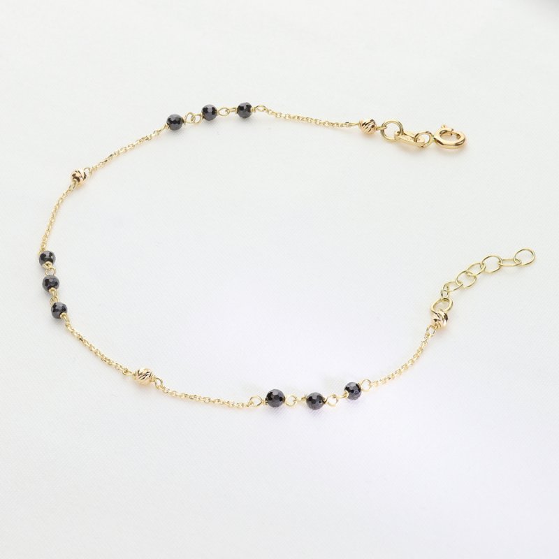 Złota Bransoletka Próby 585 z Czarnymi Kamieniami i Diamentowanymi Kulkami