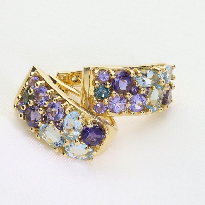 Ekskluzywne złote kolczyki z błękitnymi topazami, tanzanitami i diamentami