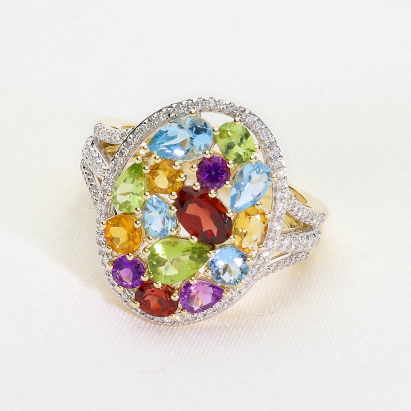Złoty pierścionek 585 Multicolor | Ametyst, Granat, Brylanty
