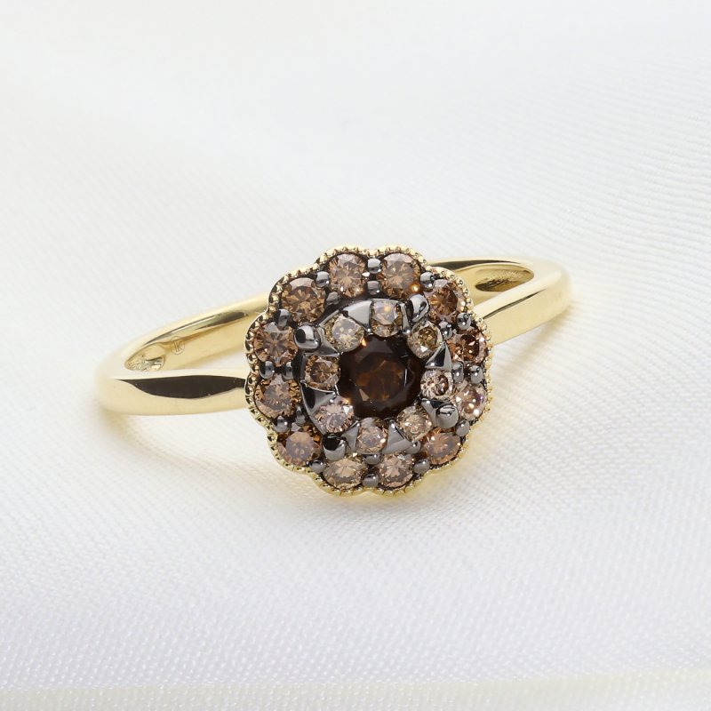 Ekskluzywny złoty pierścionek z naturalnym kwarcem dymnym i brylantami