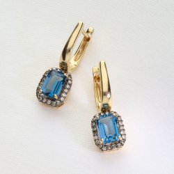 Złote kolczyki z Topazem London Blue i brylantami – Krolewska Elegancja